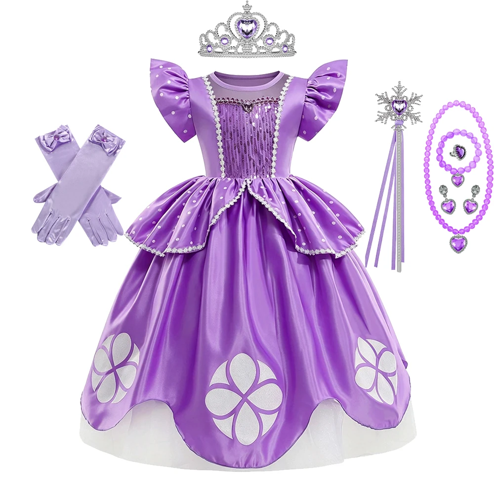 Sofia Costume Girl Kids Purple Princess Short Sleeve Dress with Flower Wreath Crown Necklace Wand for Girls Party Cosplay - view 5