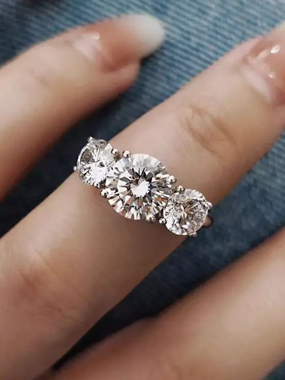 S925 Sterling Silver Three-Stone Women's Ring D Color Moissanite Korean Style Fashion Jewelry Ring for Ladies