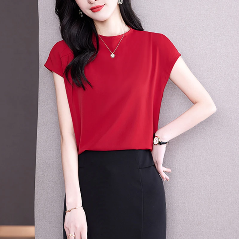 Women High Quality Silk Satin Elegant Blouses Summer Vintage Simple Commute Shirts Female Casual Solid O Neck Short Sleeve Tops