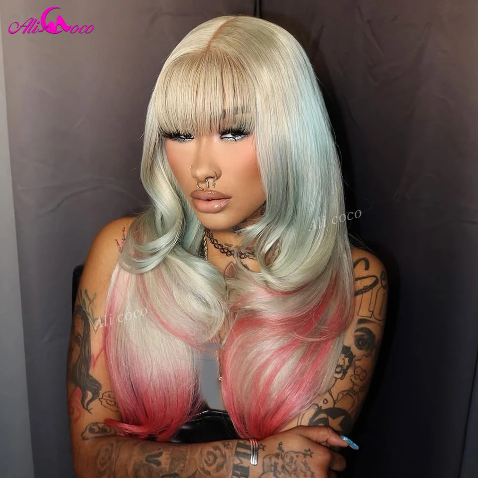 

Ombre Ash Blue and Pink with Bangs Human Hair Wigs 13X6 Lace Frontal 613 Colorful Body Wave Brazilian Remy for Women 13X4