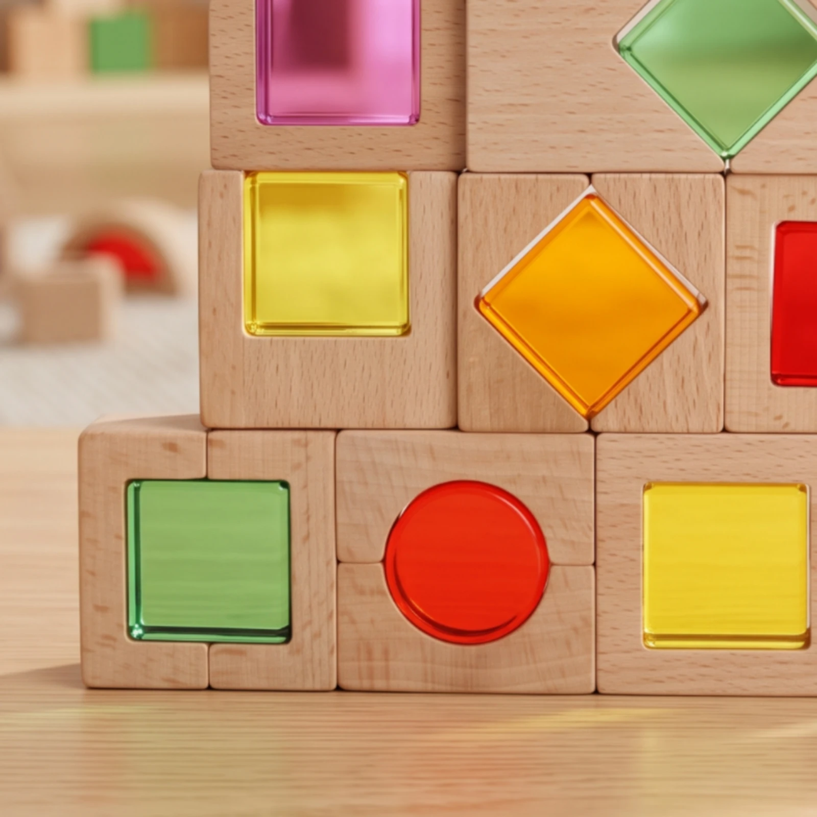 Sensory Building Blocks with Wooden Frame Geometric Wooden Blocks with Acrylic Inserts Toy Colored Open-Ended for Toddlers