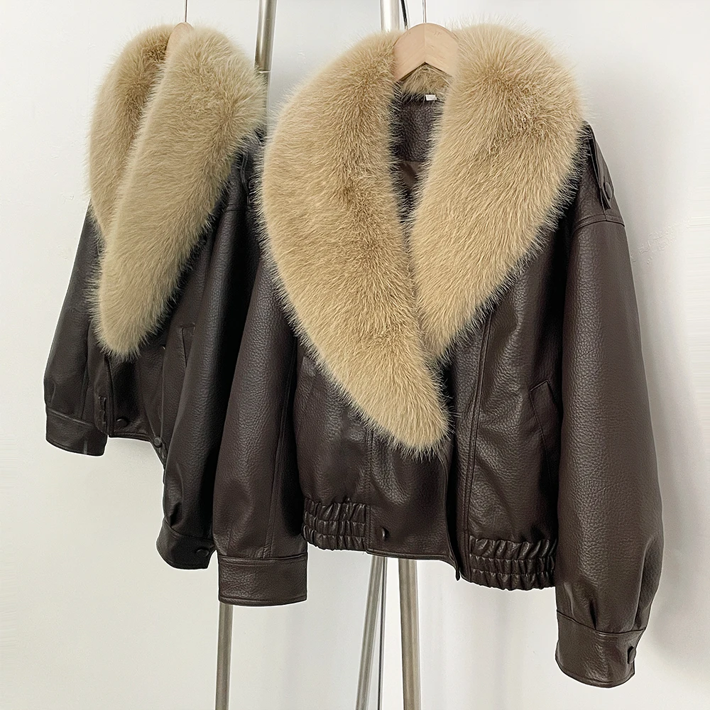 Faux Fur Collar Short Leather Blazer Faux Leather Jacket Grow Leather Jacket Removed Elegant Women Loose Women's Bomber Jacket