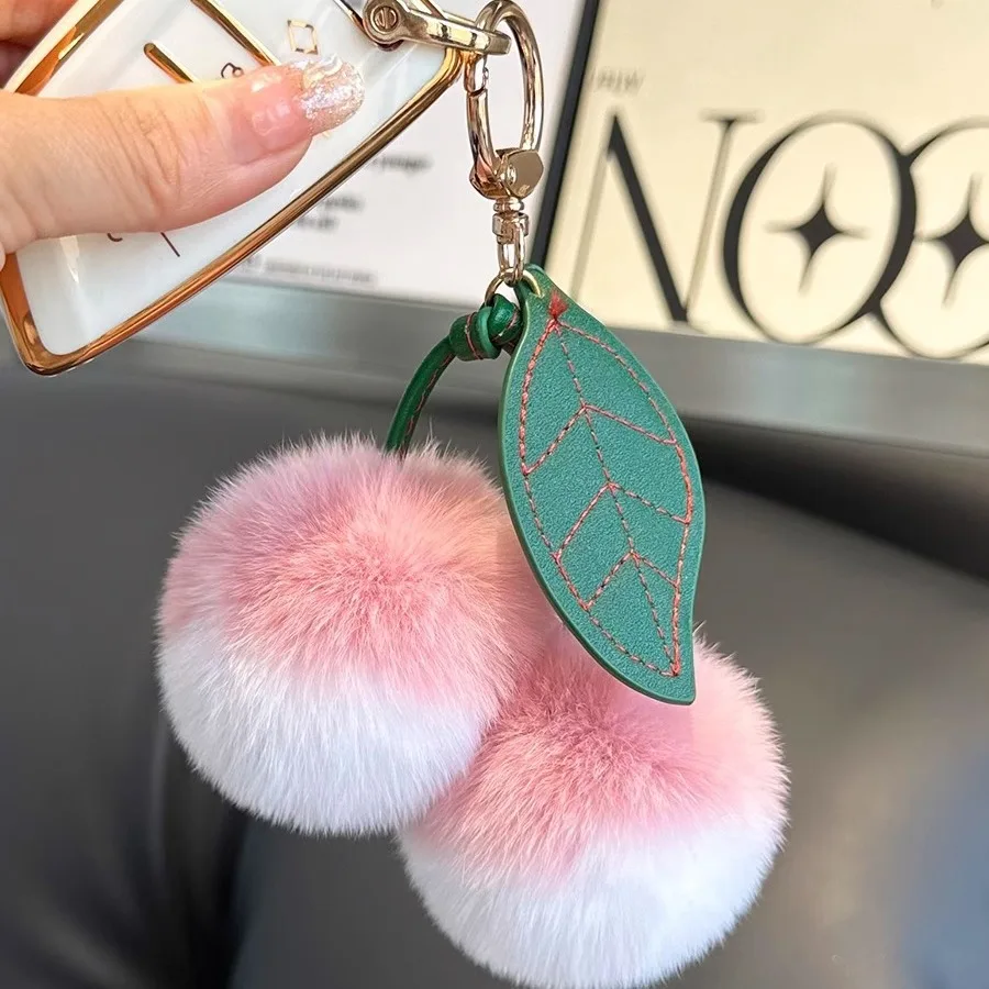 Echtes Kaninchenfell, kleiner Lychee-Autoschlüsselanhänger, rosa, niedliche Plüschball-Puppe, Plüsch-Taschenanhänger, Geschenk