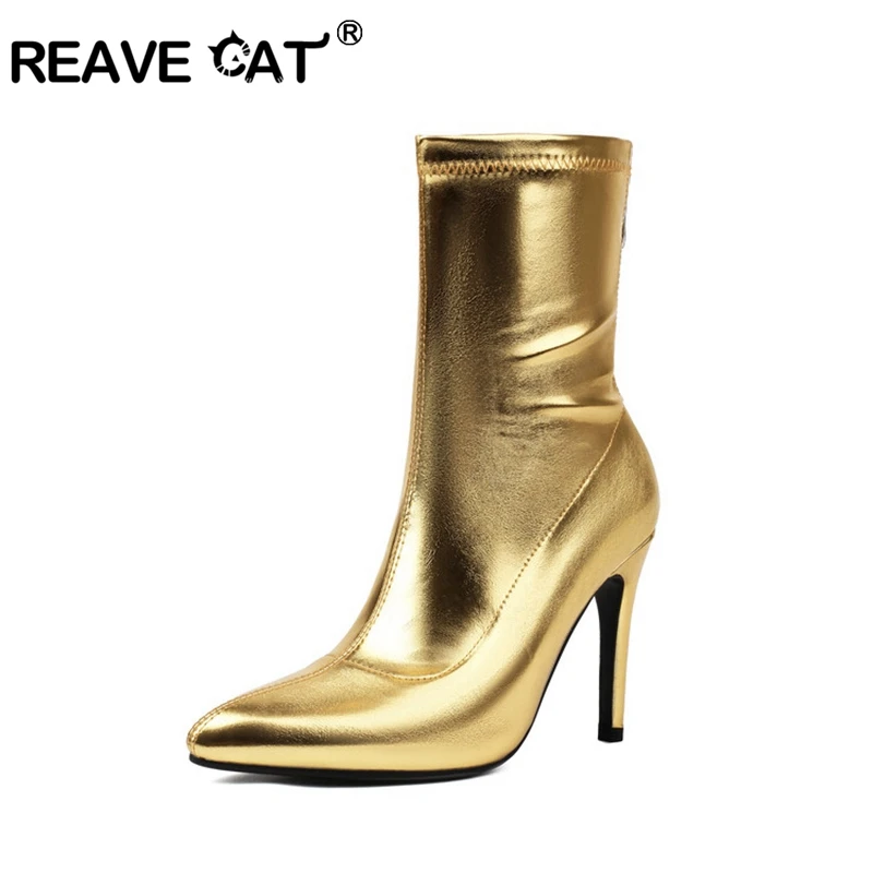 

REAVE CAT Fashion 10cm Stiletto Heel Faux Leather Ankle Boots Slim Autumn Antislip Shoes Big Size 45 46 47 48 US17 Gold Silver