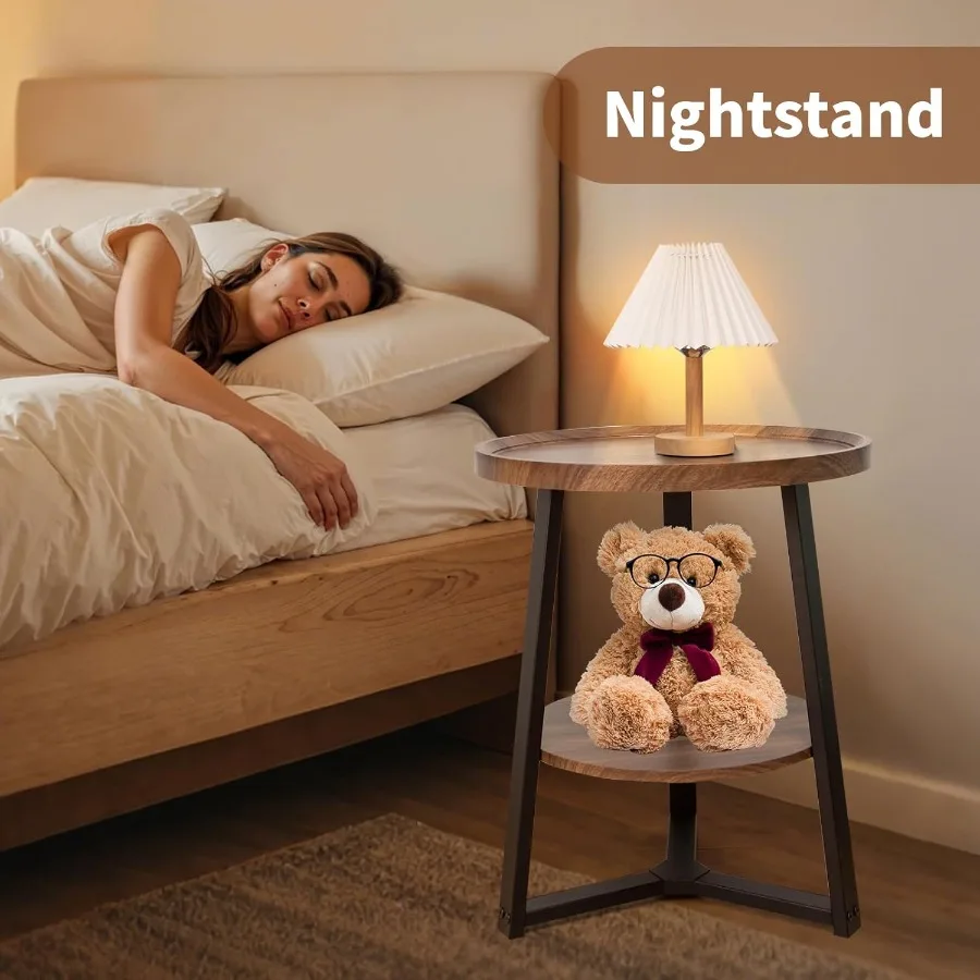 Mesa lateral redonda de 2 camadas para sala de estar pequena mesa de cabeceira de madeira com prateleira de armazenamento 19,5 polegadas círculo ac