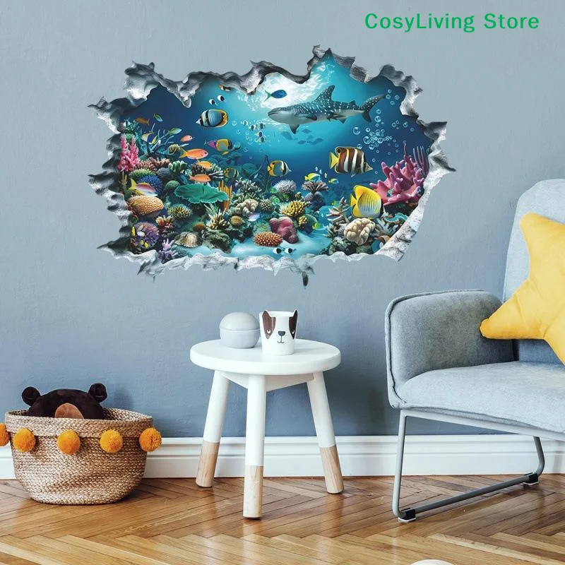[CL]3D Wall Stickers Shark Broken Wall Aquarium Ocean Wall Stickers For Kids Room Bathroom Kitchen Home Decor[CL]