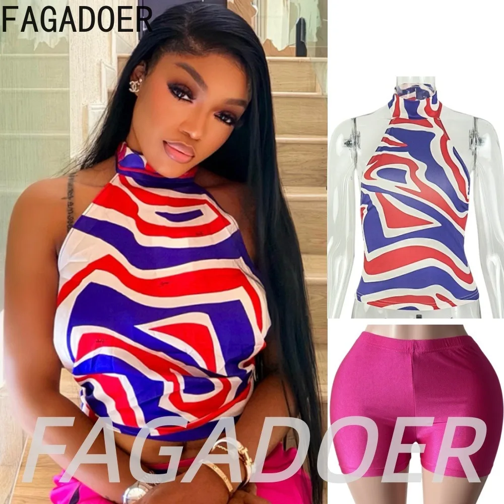 FAGADOER Fashion Colorful Wave Geometric Patchwork 2 Piece Outfits Retro Abstract Circle Print Halter Top + Bodycon Shorts Sets