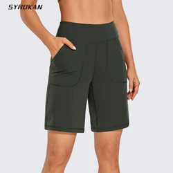 SYROKAN Women's Butterluxe Bermuda Long Shorts 9'' - Athletic High Waisted Workout Running Comfy Yoga Shorts Deep Pockets