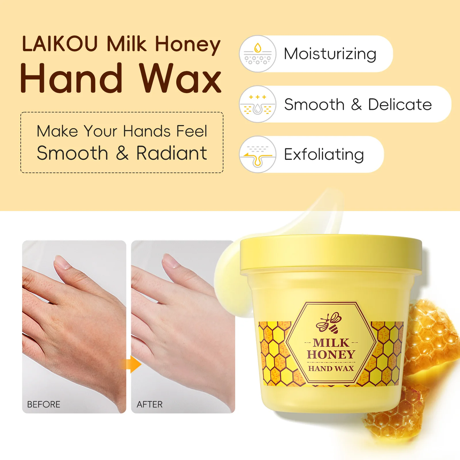 

LAIKOU 300g Honey Milk Hand Wax Mask, Peel Off Moisturizing Hydrating Hand Care for Dry Hands, Nourishing Exfoliating Home Spa