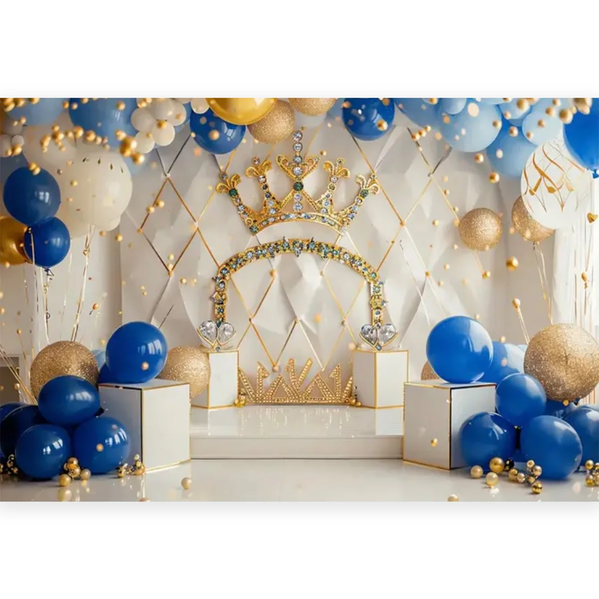 King Crown Royal Blue and Golden 1st Birthday Backdrops Classic Style Cake Smash Photography Backgrounds for Prince Baby Shower