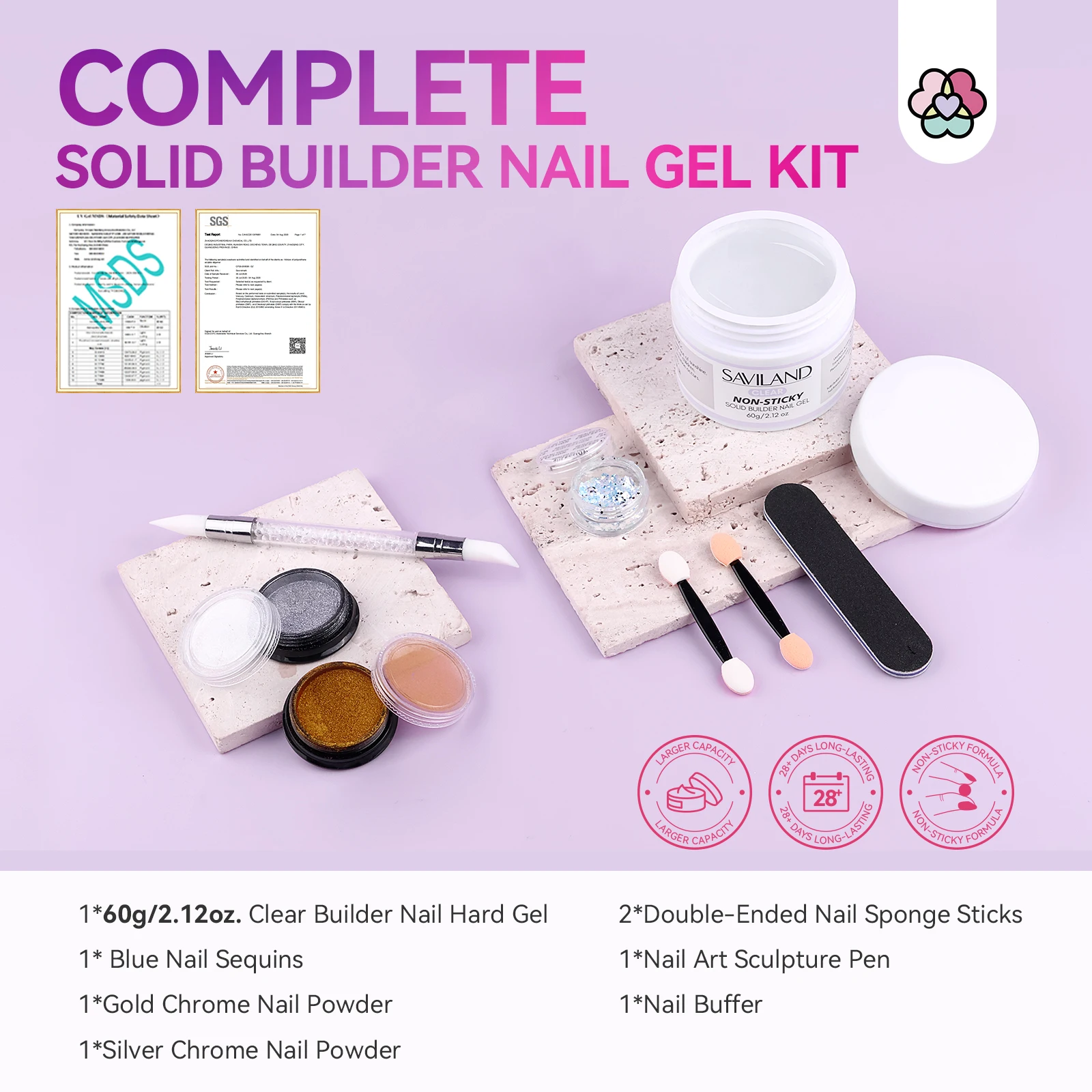 SAVILAND 60g Solid Builder Nail Gel Large Capacity 3D Sculpting Nail Gels for Nail Art with Sequins Chrome Powder DIY Salon