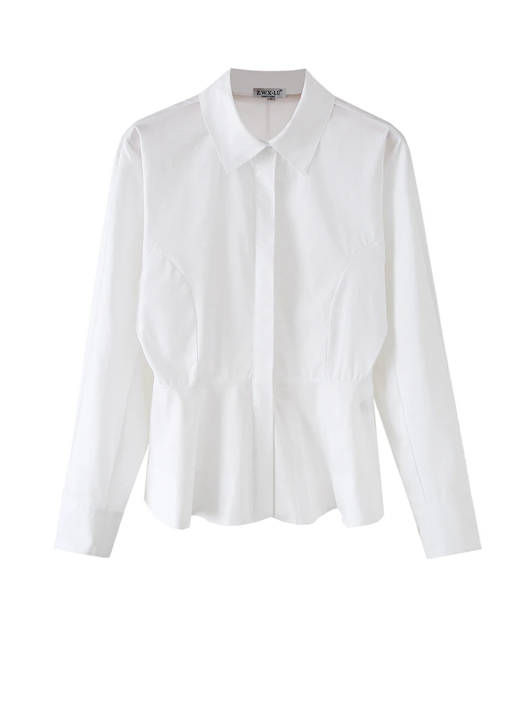 

Women White Peplum Button Down Shirt Long Sleeve Fitted Waist Office Blouse Cotton Tops