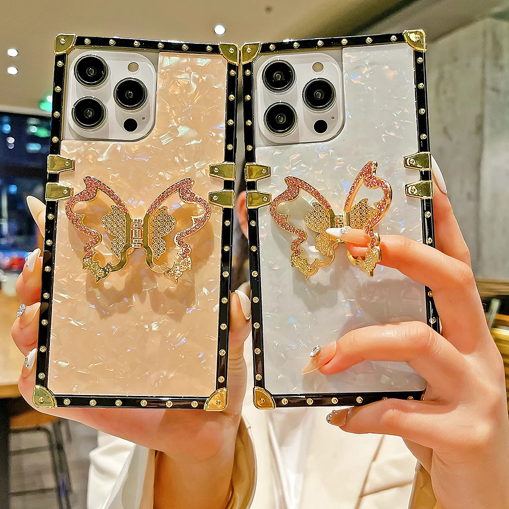 Fashion Glitter Diamond Butterfly Rack Square Phone Case For iPhone15 14 13 12 11 Pro Max X XR XS 6S 7 8Plus Conch Pattern Cover