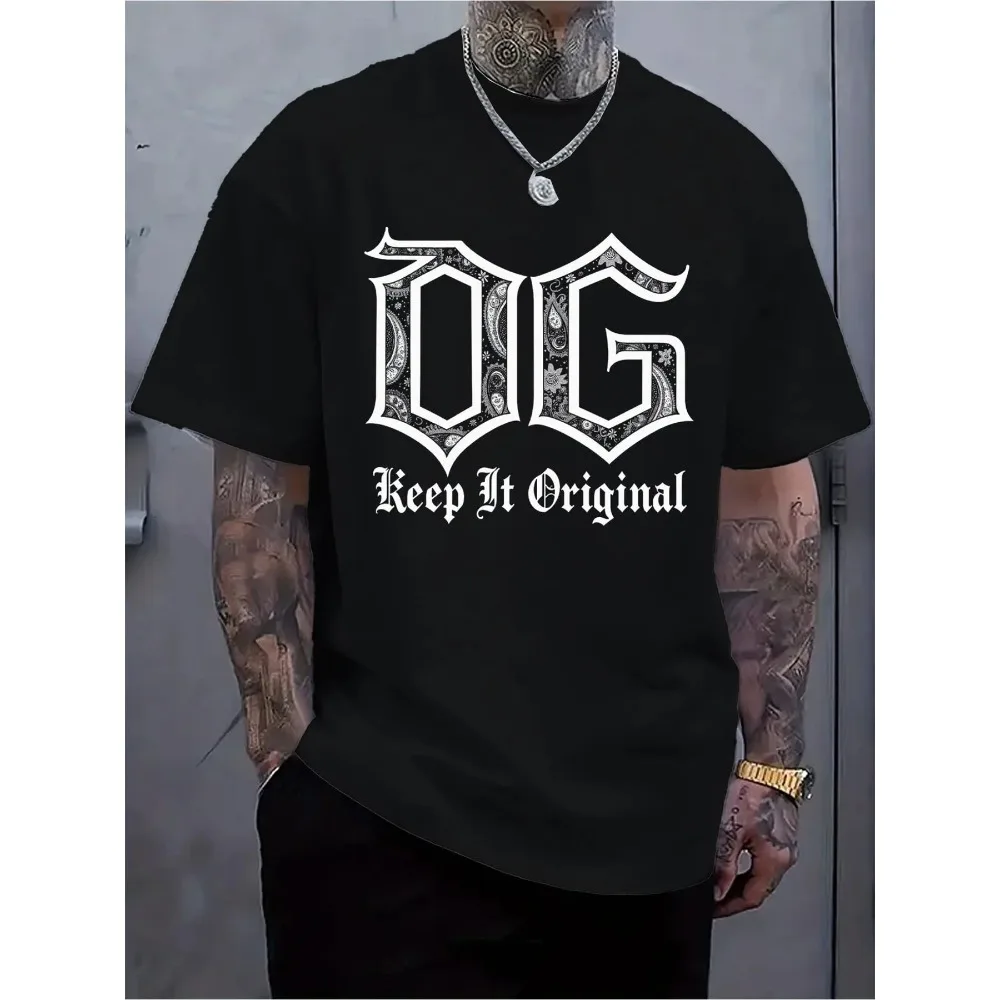 OG Letter Paisley Gothic Font Slogan Print Men T‑Shirt Hip Hop Urban Fashion Casual Streetwear Short Sleeve Tee