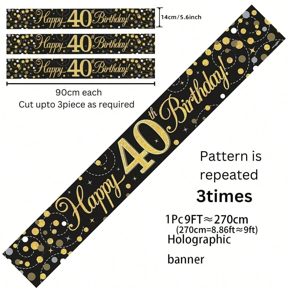 Schwarz-Gold Happy Birthday Banner, 9 Fuß Zuschneidbar mit Glitzerpunkten-Design für 18., 21., 30., 40., 50., 60. Party-Dekoration – Detail 3