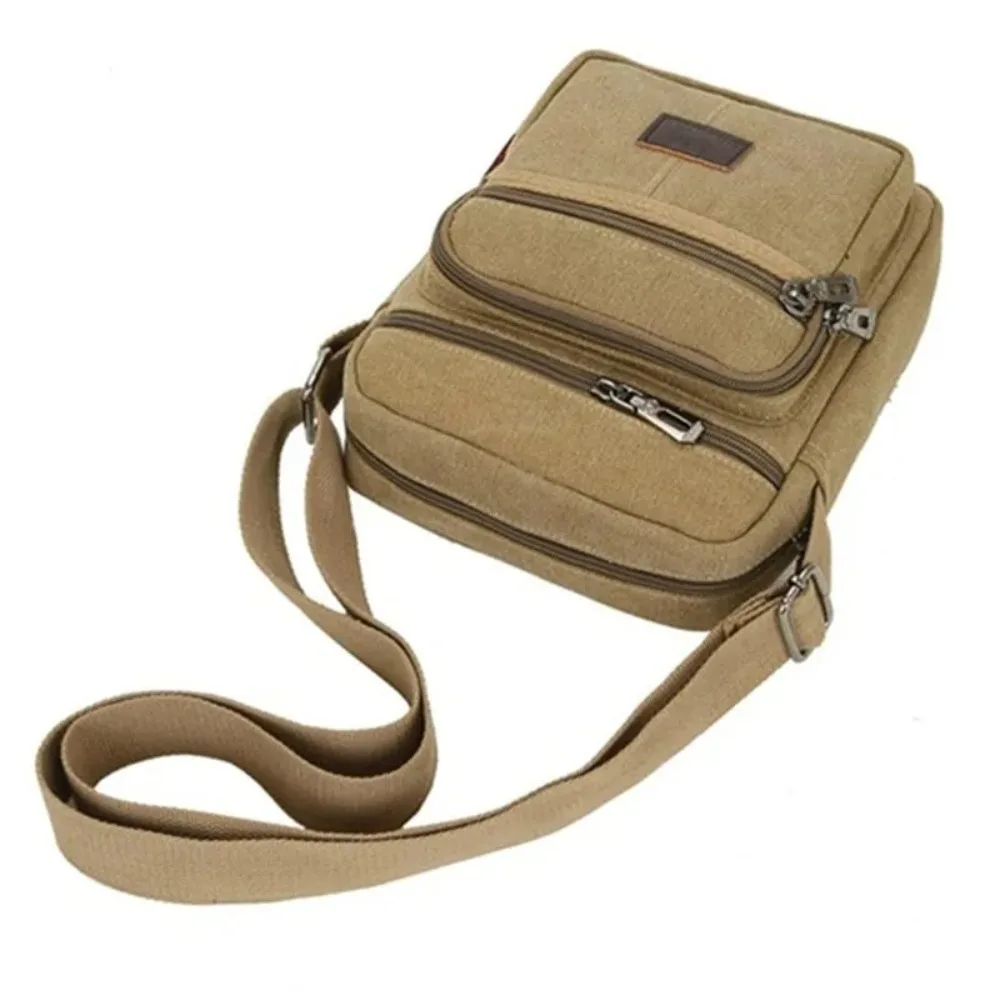 Casual Canvas Men's Shoulder Bag Large Capacity Multi Layer Crossbody Bag Zipper Solid Color Business Cash Bag