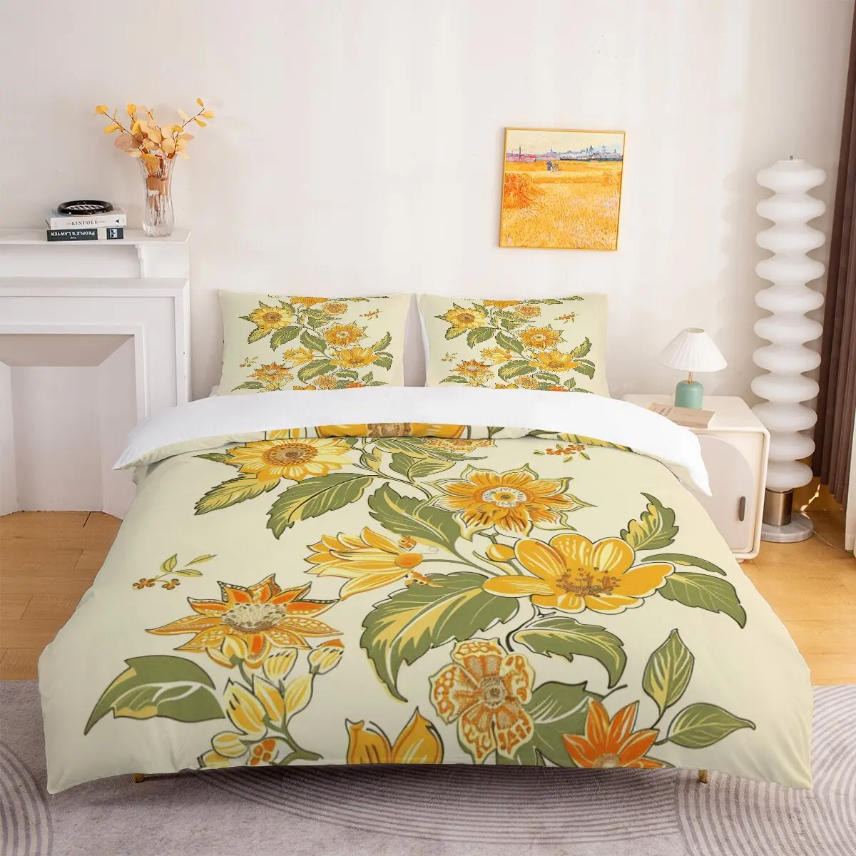 Ensemble de couette en duvet de chrysanthème doré, housse de couette imprimée feuilles vertes, taille extra large, ensemble 3 pièces avec 2 taies pour vêtements