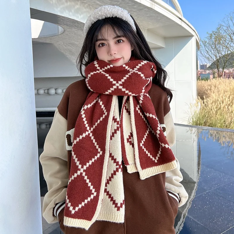 Double‑sided Knit Scarf Rhombus Plaid Women Men Couple Matching Winter Shawl Wrap Warm Student Daily Wear Neck Warmer Dating