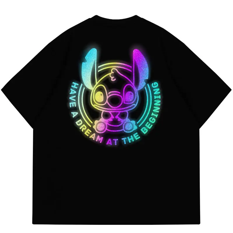 T-shirt con personalità Stitch carina riflettente laser dei cartoni animati Disney, giorni primaverili ed estivi, outfit da coppia, maniche corte larghe