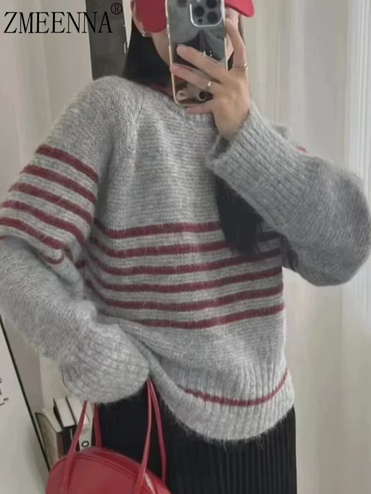 

ZMEENNA Womens Casual Light Grey And Red Striped Knit Sweater Loose Fit Crewneck Long Balloon Sleeves Pullover ZM3680
