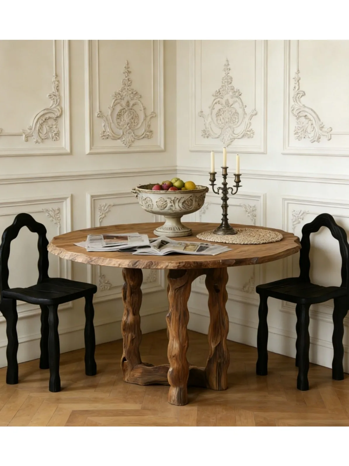 Solid wood round table and chair combination log color texture dining table and chair set