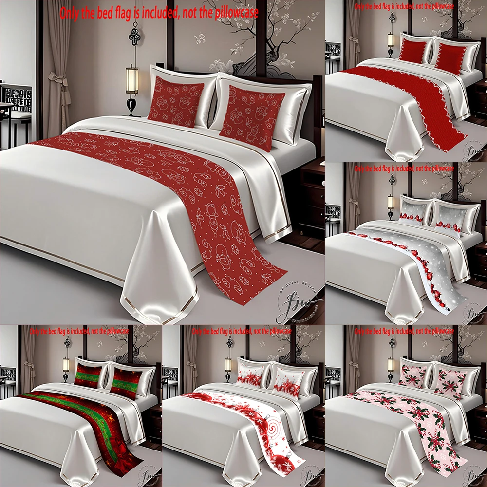1pc Christmas Red Cartoon Bed Flag Decor Bed flag only,Elegant bedroom without pillowcase, linen material-gift for people