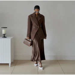 Y2k Casual Brown Lapel With Pocket Jacket Woman Fashion Cuff Buttons Long Sleeve Blazer Coat 2024 Lady Autumn High Street Outwea