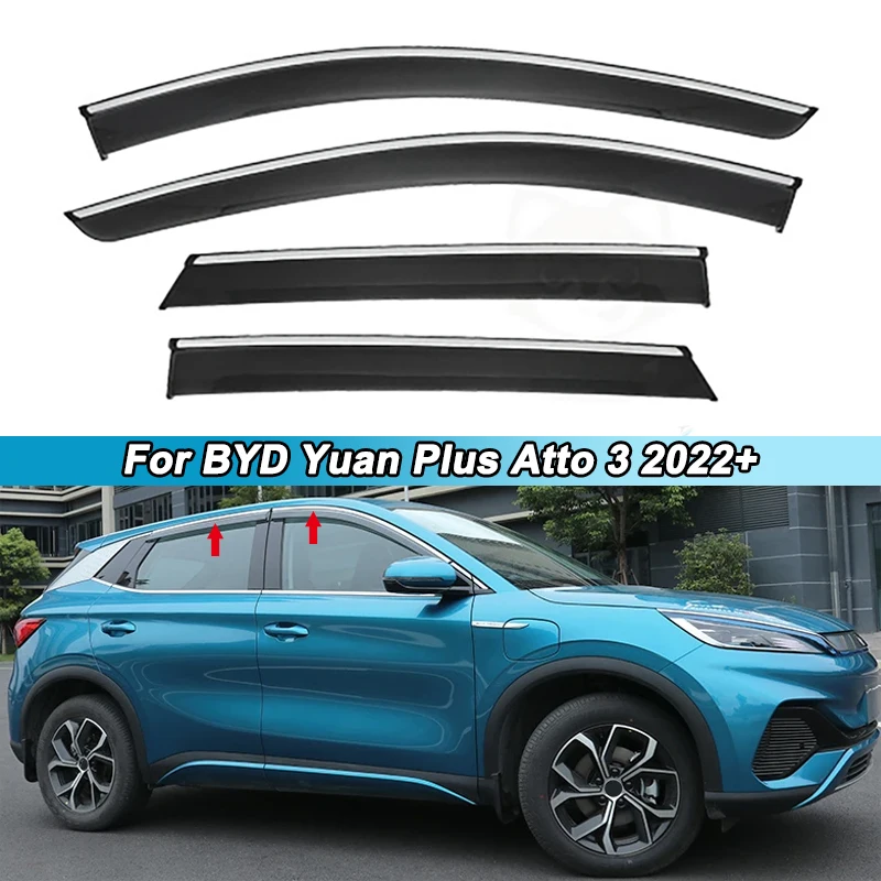 

4 шт. автомобильный боковой солнцезащитный козырек от дождя для BYD Yuan Plus Atto 3 2022 + ветровое стекло, дефлектор погоды, защита для бровей, наклейка, отделка