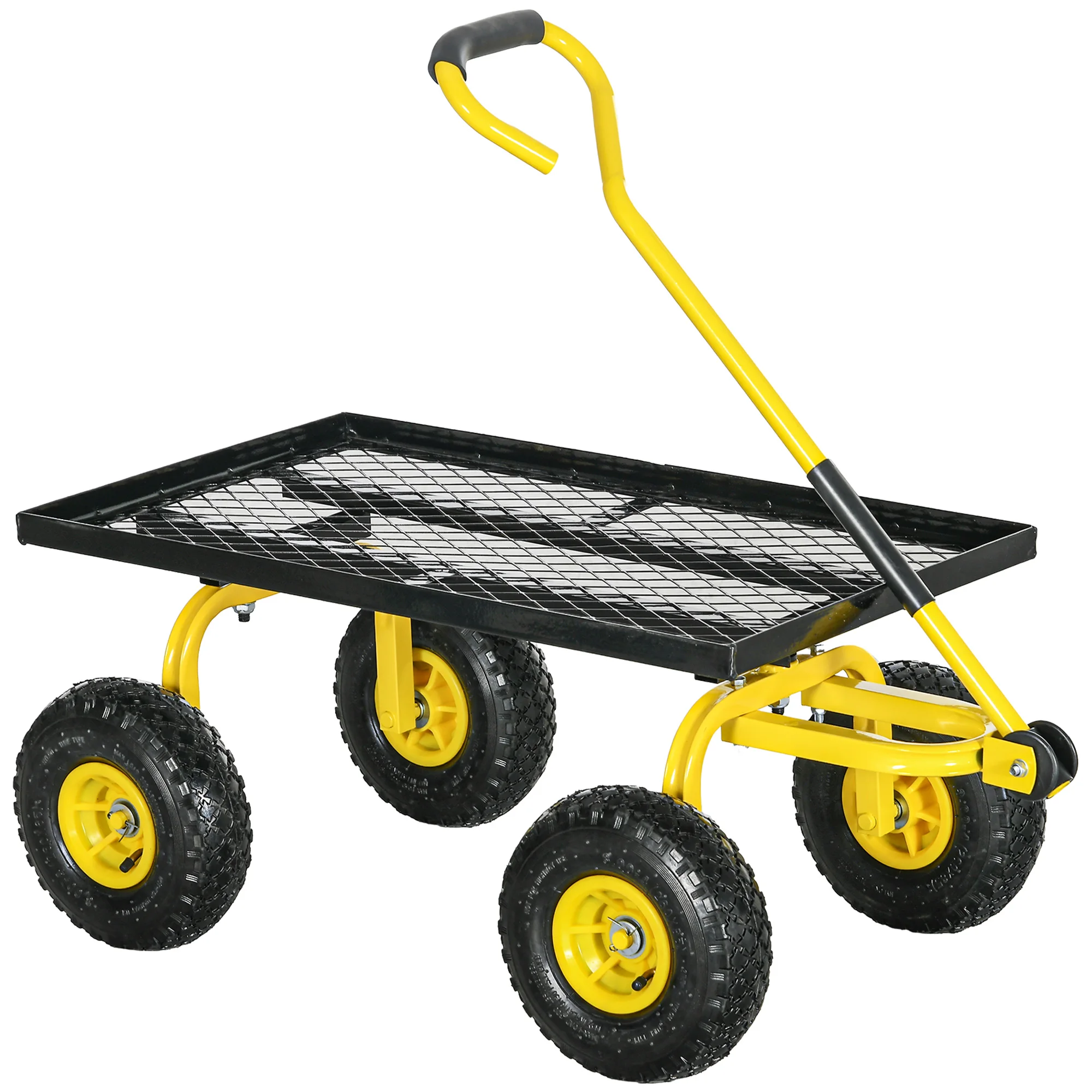 Outsunny Chariot de transport jardin remorque à main charrette à bras 4 roues 94L x 48,5l x 100H cm charge max. 150 Kg métal jaune