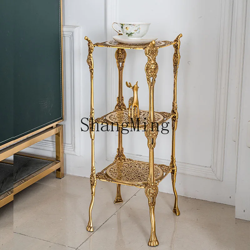 

ZYY retro brass carved shelf, living room side table flower stand, three-layer hollow storage rack edge few