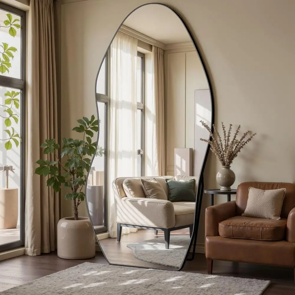 76x36 Wavy Black Floor Standing Mirror with Leaning Stand for Bedroom, Living Room, and Entryway