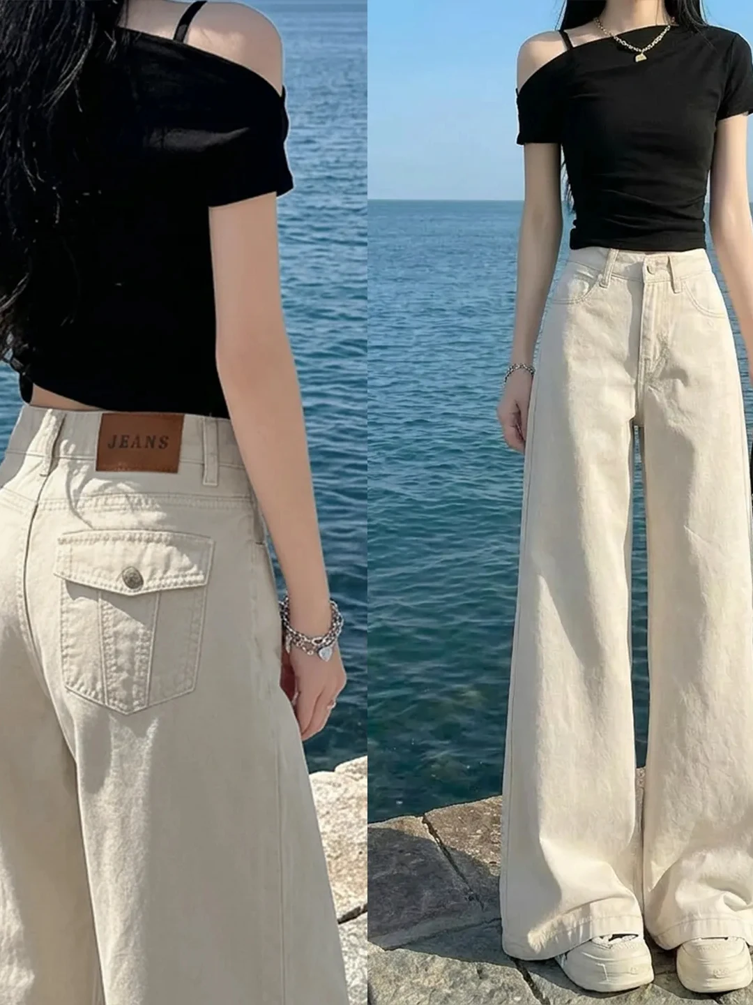 American Style Light Peach Wide Leg Denim Jeans Women's Autumn 2026 New White Low Waist Loose Slimming Floor-Length Straight ...