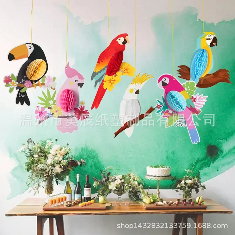 Hanging Paper Party Decoration 6pcs Vivid Honeycomb Parrots for Hawaiian Beach Pool Luau Tropical Summer Kids Birthday Supplies