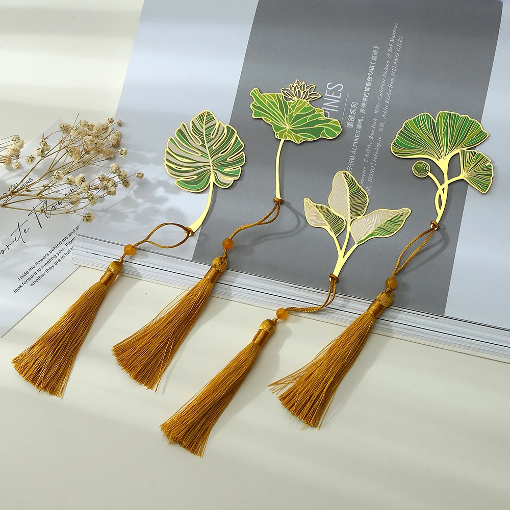 

1Pc Metal Bookmark Lotus Leaf Vein Chinese Style Creative Bookmarks Tassel Pendant Student Gift Brass Tassel School Stationery