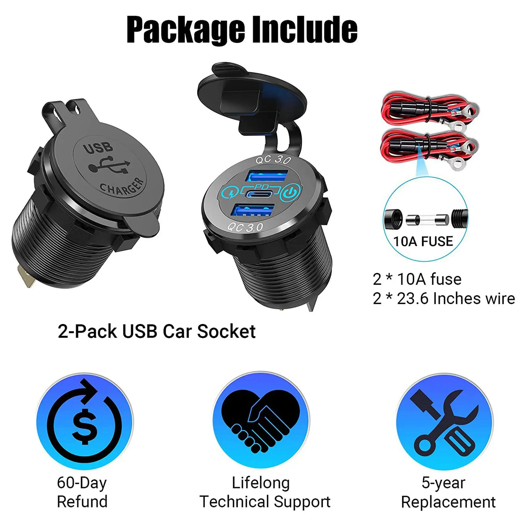 

4X QC 3.0 PD3.0 Triple USB Car Charger 12V 24V 60W USB-C Multiple Fast Charger With Switch-VVNB