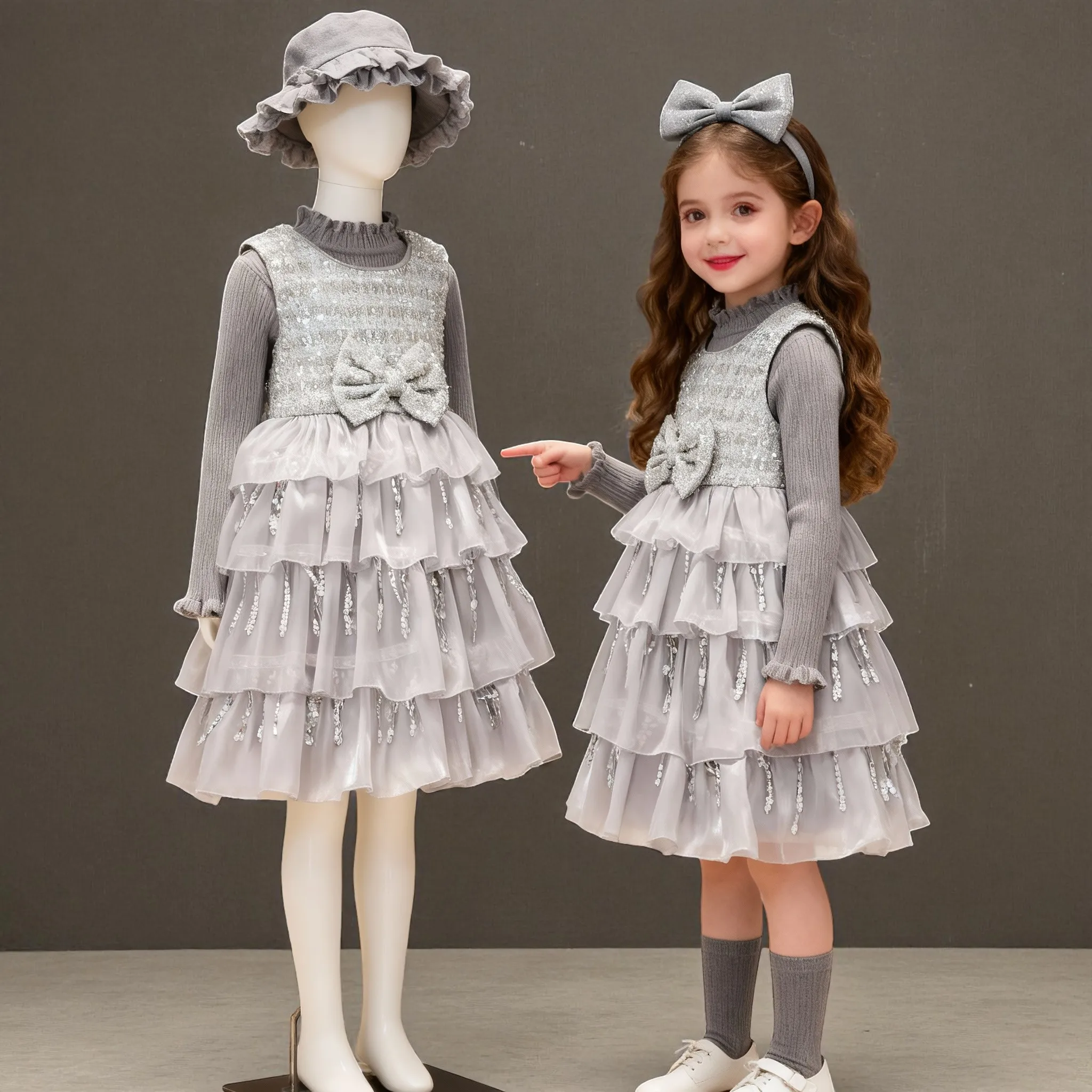 Girls Gray Sweater Dresses Suit Girls Winter Outfits Teens Kids Lolita Dress Princess Children Costumes Christmas New Year Gifts