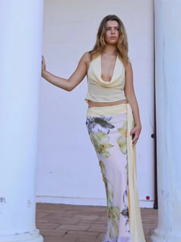Holiday Outfits Women Summer Hipster Halter Swinging Neck Crop Tanks+Shirring Lace Up Maxi Skirts Double Patchwork Stacked