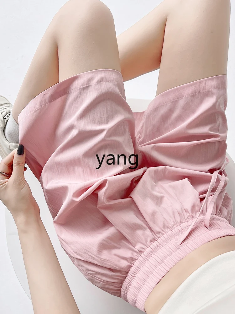 Yjq apricot ice silk Yamamoto shorts women's summer thin outer wear casual wide-leg trousers sports