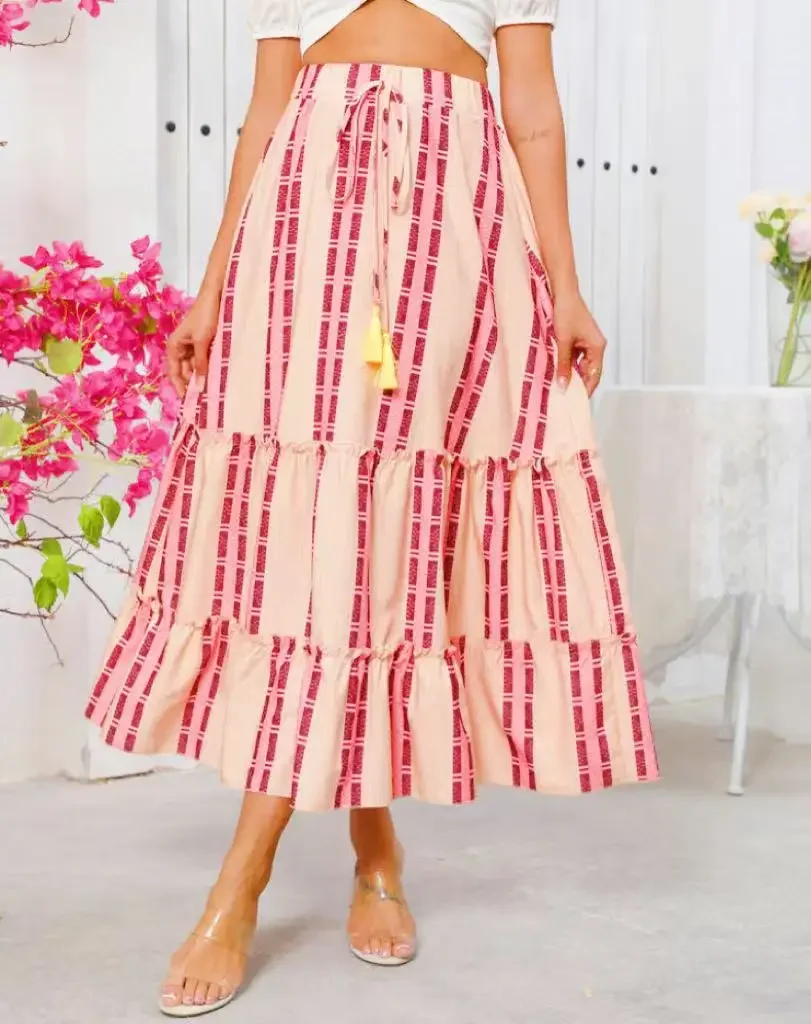 Nieuwe Vakantie Stijl Lange Rok Europa en Amerika Vrouwen Rok Zomer Print A-LIJN Kwastje Elastische Taille Rok Vrouwen Faldas Q225