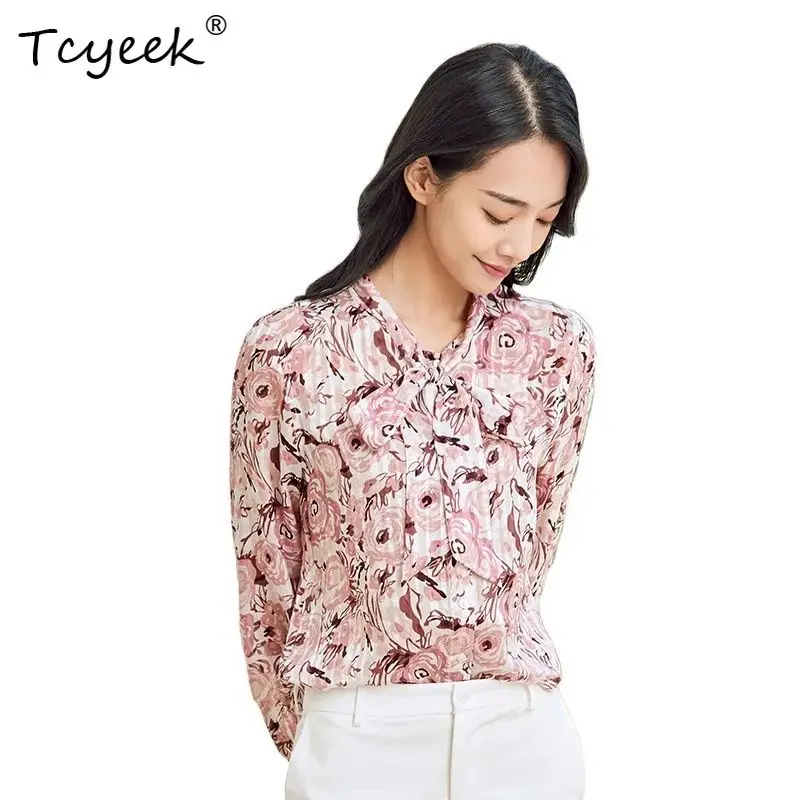 

Tcyeek, 100%Real Silk Elegant Shirt, Women Long Sleeve Floral, Bow French Commute Blouses, 2024 Summer Autumn Tops T48007QC
