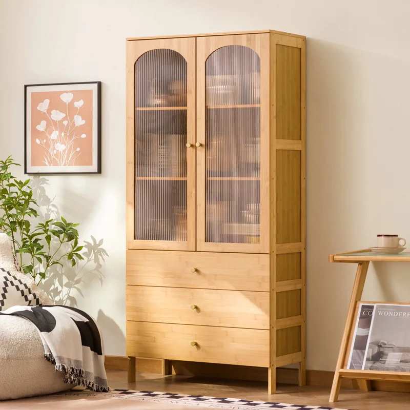 Kitchen Edge Cabinet Bookcase with Glass Door Log Oak Japanese Household Combination Bookshelf Floor Shelf