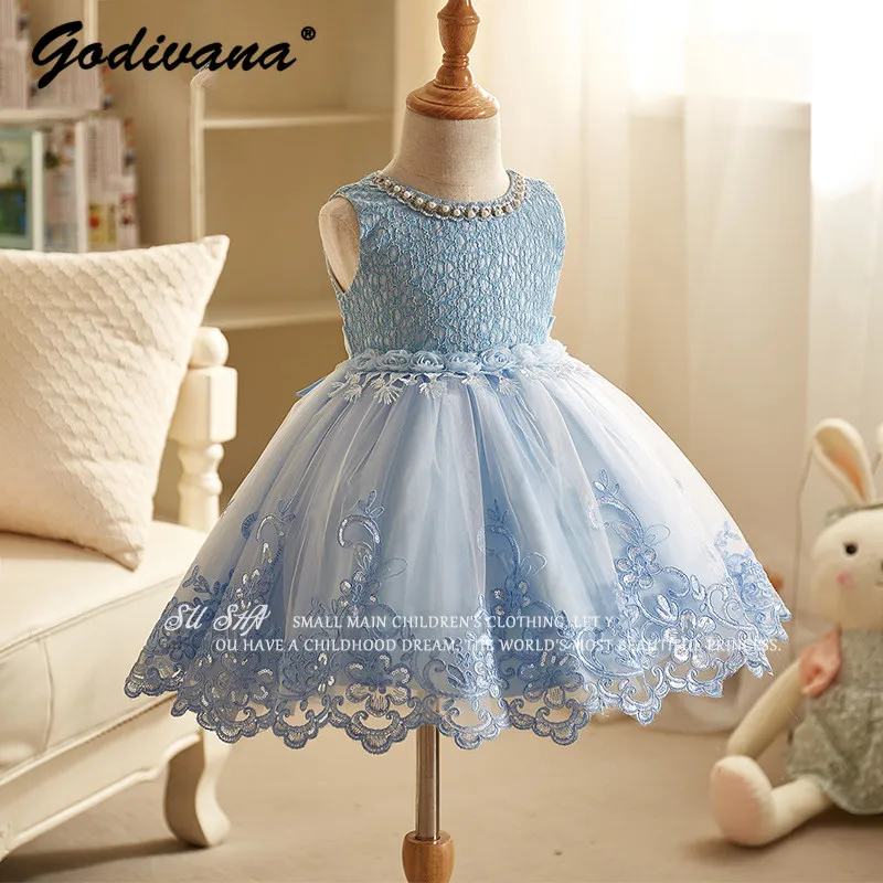 Sweet Baby Girls Princess Tutu Dress Kids Heavy Embroidery 3D Floral Sleeveless Elegant Pearls O-neck Performances Party Dresses