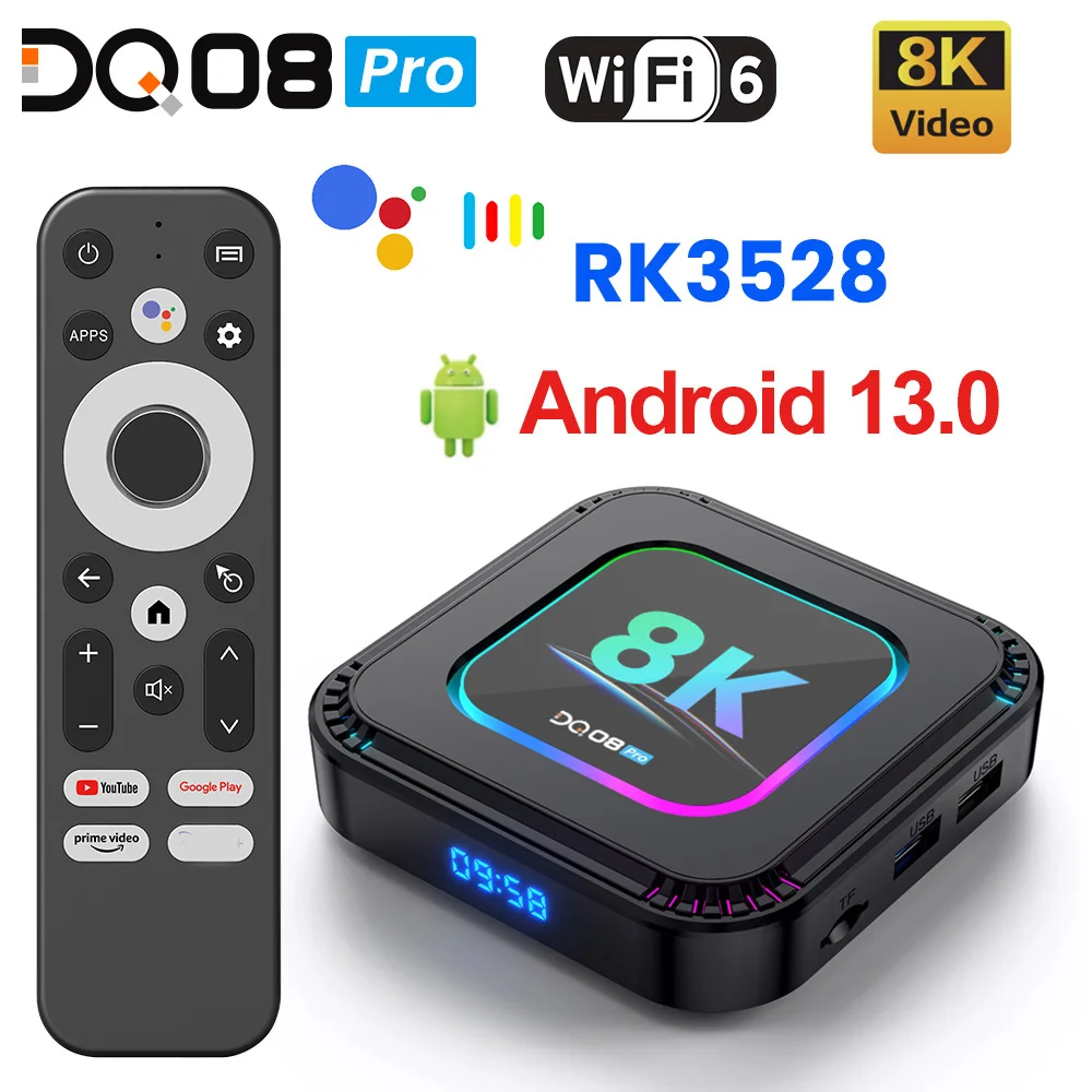 DQ08 Pro RK3528 Android 13 رباعي النواة صندوق التلفزيون الذكي RGB 8K فيديو 4K @ 60fps HDR10 + 2.4&5G Wifi6 BT5.0 Google Voice 2G16G 4G 32G 64G