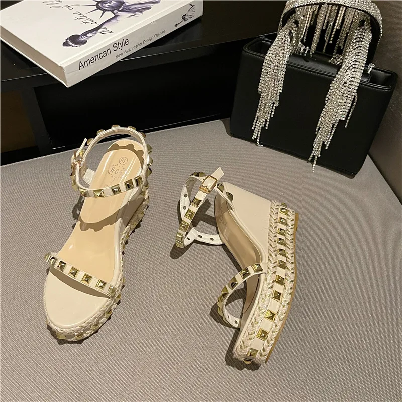 Comfort Shoes for Women Luxury Sandals 2024 Summer High Heels Wedge Suit Female Beige Buckle Strap Fashion High-heeled Vel