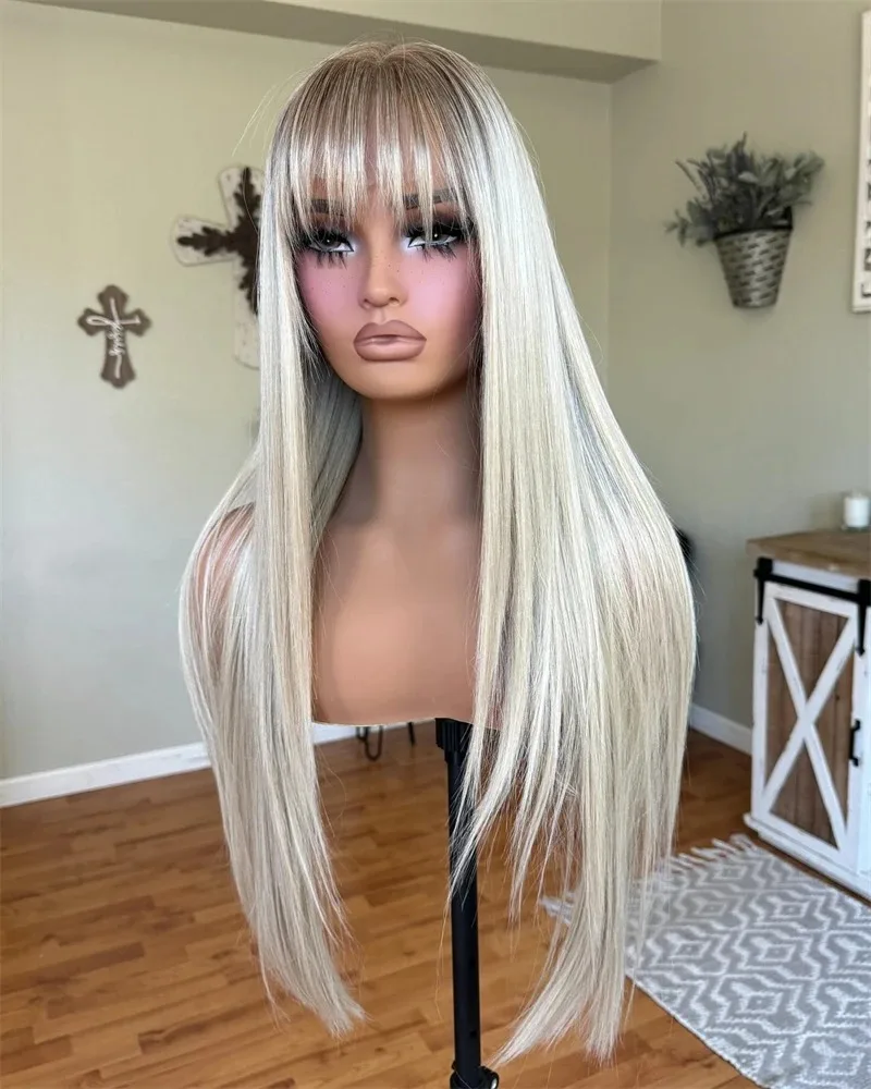 

Long Straight Lace Frontal Wigs Ash Blonde Rooted Womens Wig with Bangs Soft Synthetic Hair Swiss Lace Wig Glueless Easy to Wear