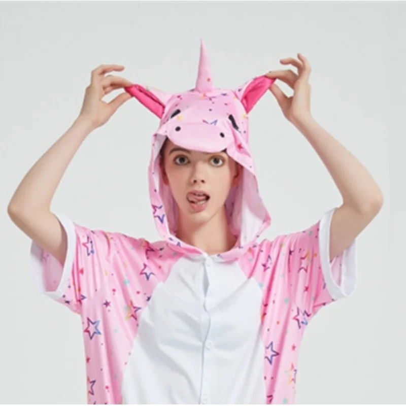 Short Sleeve Cartoon Jumpsuit Adult Children One-Piece Pajamas Sleepwear Summer Onesies Halloween Cosplay Costumes Loungewear