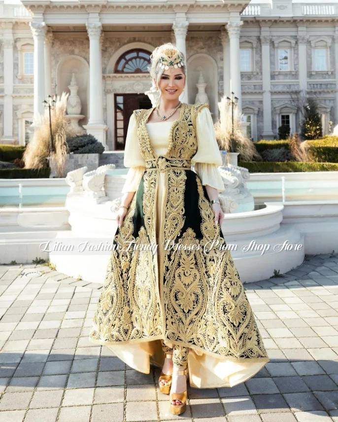 Customized Dark Green Algerian Wedding Dress Printed Traditional Arab Bridal Gown Formal Evening Gown Wedding Party Dress