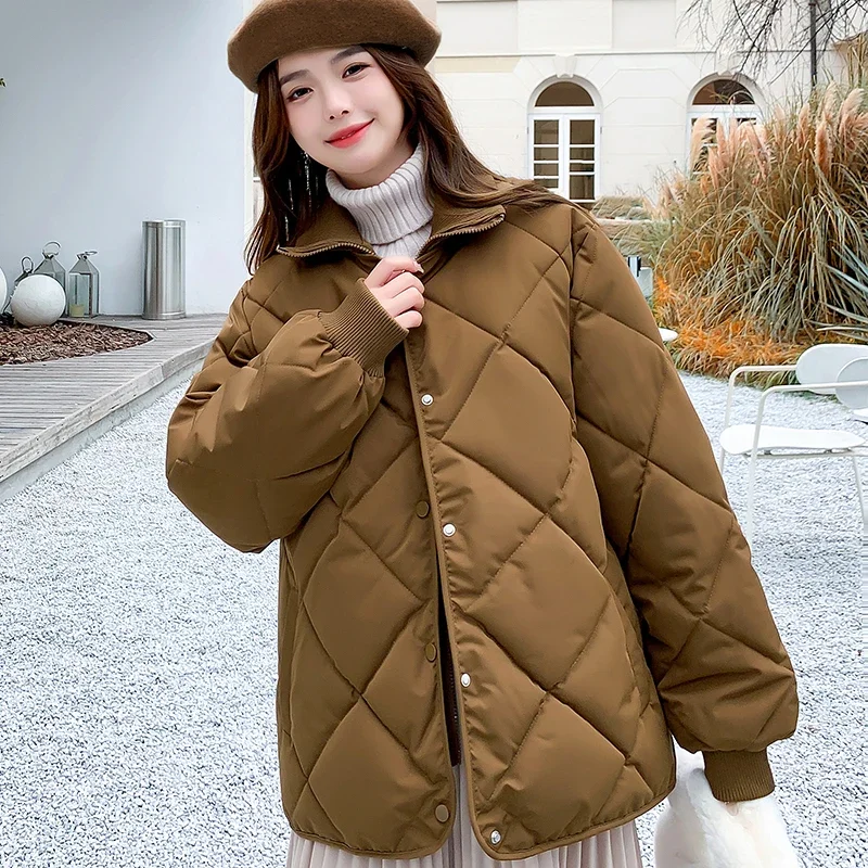 

2026 Solid Color Loose Parkas Slim Solid Color Diamond Grid Cotton Jacket Women's Short Style Thickened False Two-Piece Coat