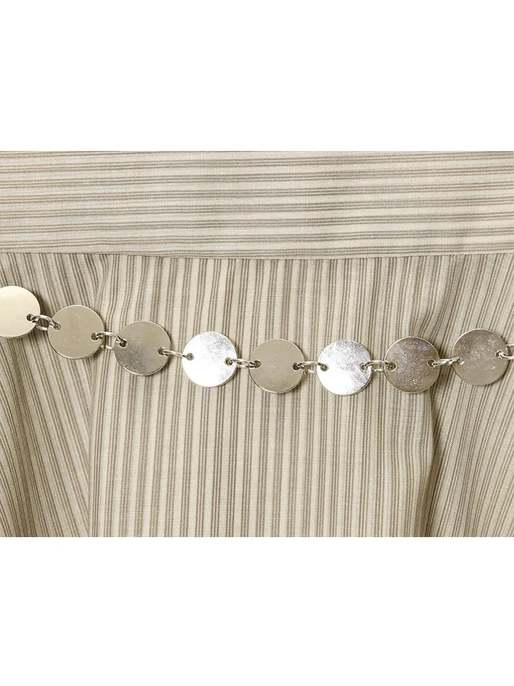 TFMLN 레트로 비대칭 미디 스커트 여성 여름 2025 트렌디 슬리밍 스트라이프 A라인 언밸런스 스커트 시크 메탈 벨트 포함