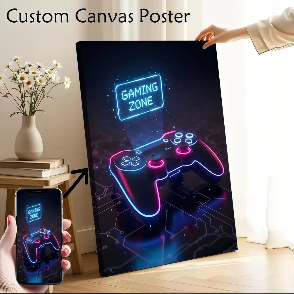 Gaming Cyberpunk Controller – Neon Poster Customizable Printed Canvas Painting for Pictures Wall Art Room Decorating Interior